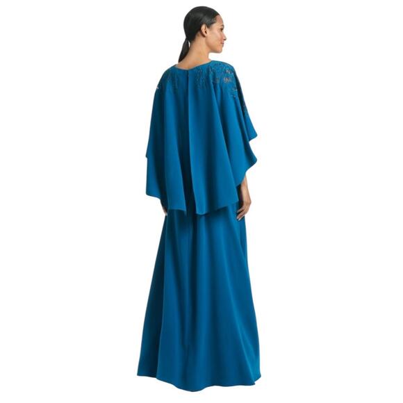 Sachin & Babi Size 12 NEW Moroccan Blue Crepe Embroidered Wren Cape Maxi Gown - Picture 3 of 10